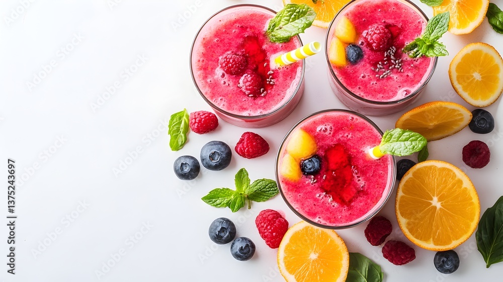 Three refreshing raspberry smoothies garnished with fresh mint blueberries and orange slices sit on a white background perfect for a healthy Three refreshing raspberry smoothies garnished with fresh mint blueberries and orange slices sit on a white background perfect for a healthy