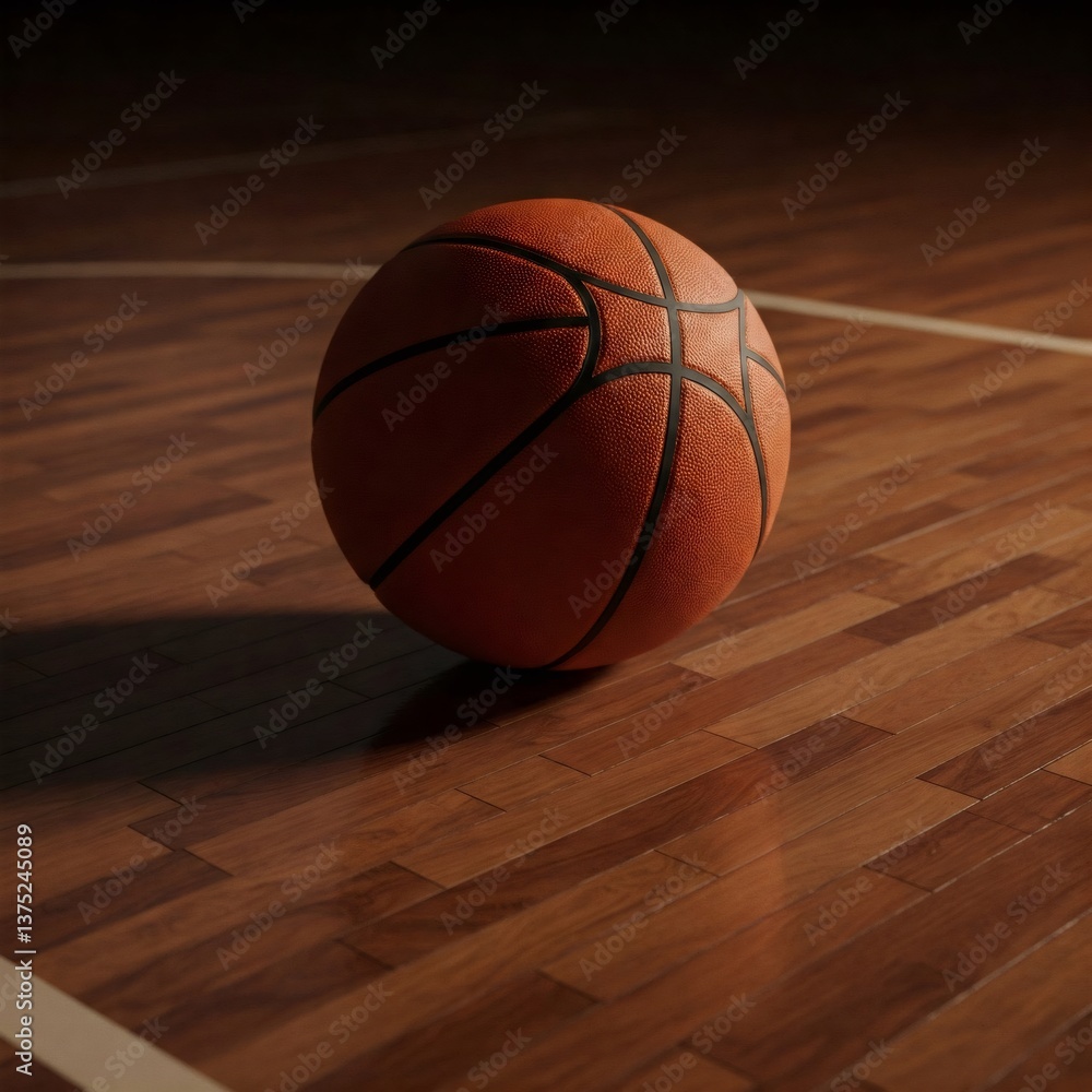 Obraz premium Basketball ball resting on hardwood court floor in a gym