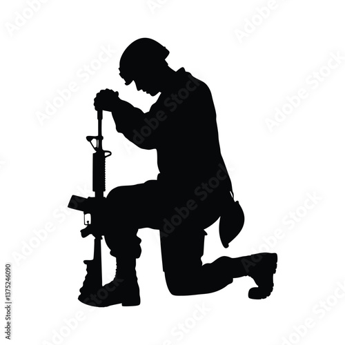Army soldier in sorrow for fallen comrade, standing on knee, leaning on rifle with helmet and two dog tags on chain, studio shoot isolated on white low key silhouette. 