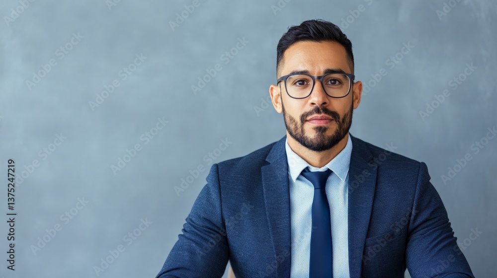 Confident Hispanic Sales Manager Presenting in Professional Setting with Gray Background Confident Hispanic Sales Manager Presenting in Professional Setting with Gray Background