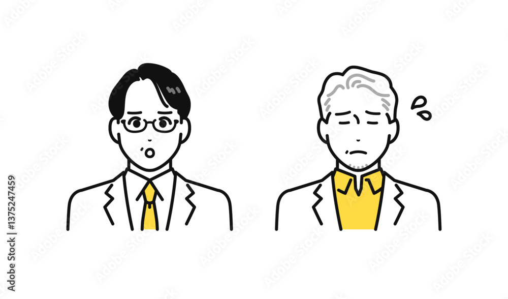 困っている白衣を着たミドル世代・シニア世代の男性のシンプルな人物アイコンセット 困っている白衣を着たミドル世代・シニア世代の男性のシンプルな人物アイコンセット