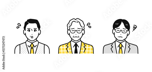 困っている専門家のミドル世代・シニア世代の男性のシンプルな人物アイコンセット