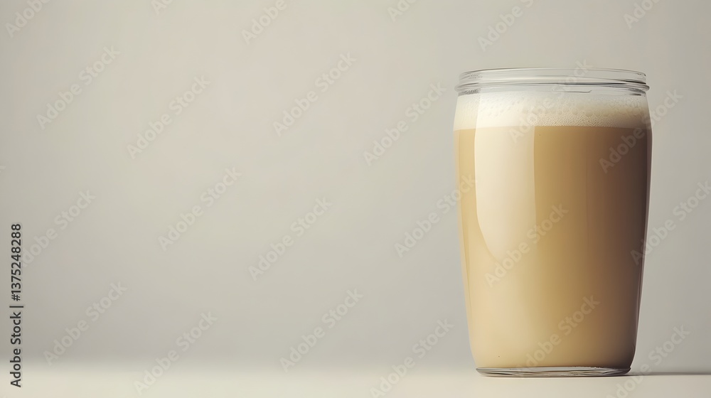 A tall glass of creamy latte sits on a plain white surface against a neutral background perfect for coffee shop menu designs. A tall glass of creamy latte sits on a plain white surface against a neutral background perfect for coffee shop menu designs.