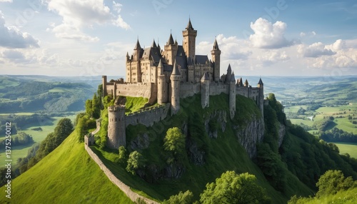 Panoramic view of castle in mountains and historic city with medieval architecture