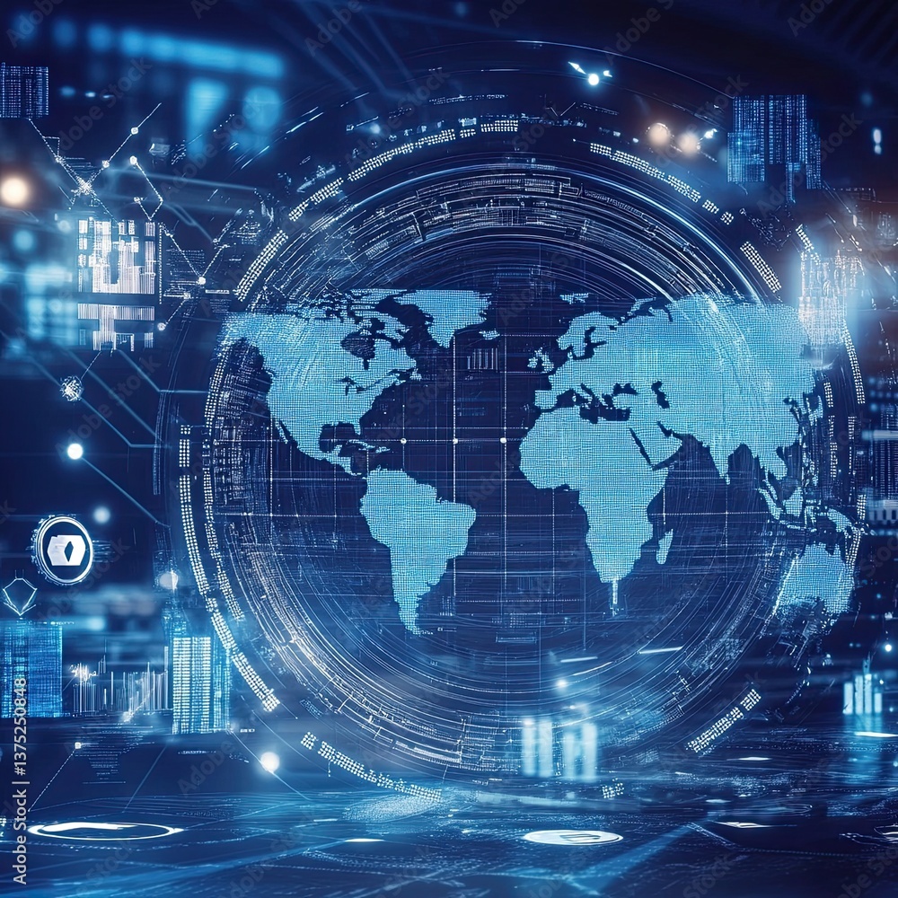 Futuristic Digital World Map Visualization with Technology Elements Futuristic Digital World Map Visualization with Technology Elements