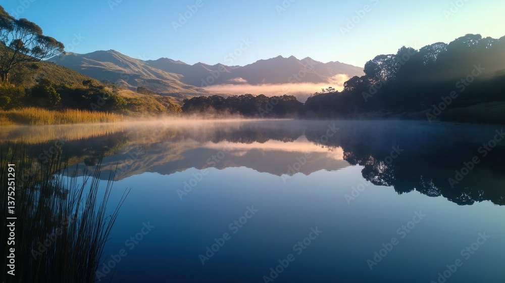 Fototapeta premium Serene sunrise over calm lake reflecting mountains and mist.