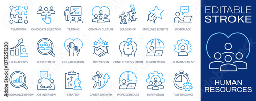 Human resources icons, such as recruitment, hr management, collaboration, teamwork and more. Editable stroke. Change to any size and any color.
