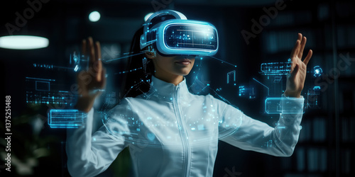 Wallpaper Mural woman wearing virtual reality headset interacts with holographic digital interfaces Torontodigital.ca