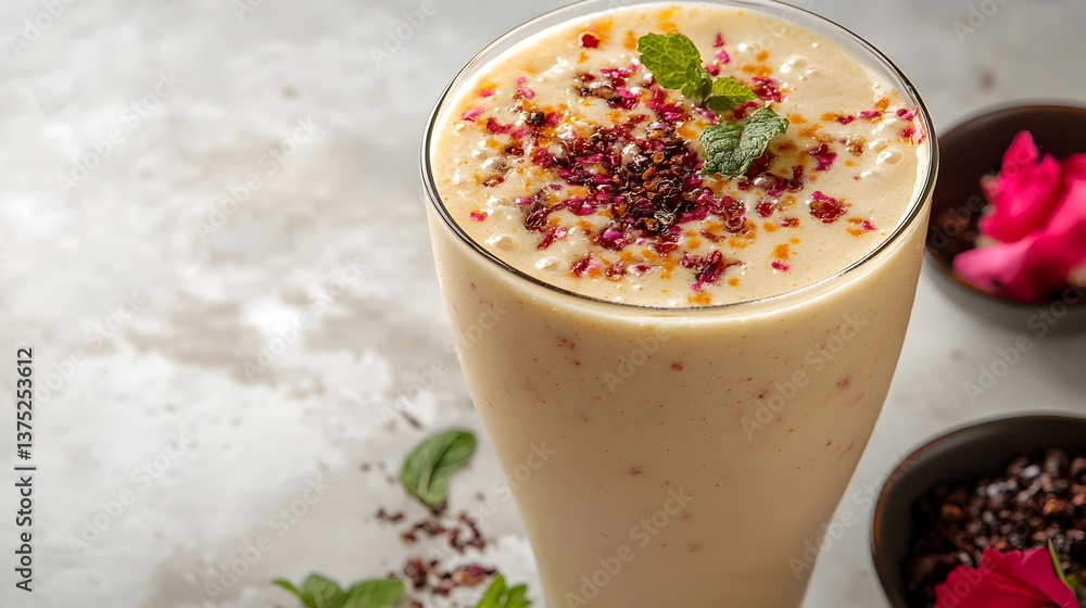 A creamy refreshing mango lassi smoothie garnished with rose petals and spices in a tall glass sits on a marble surface. A creamy refreshing mango lassi smoothie garnished with rose petals and spices in a tall glass sits on a marble surface.