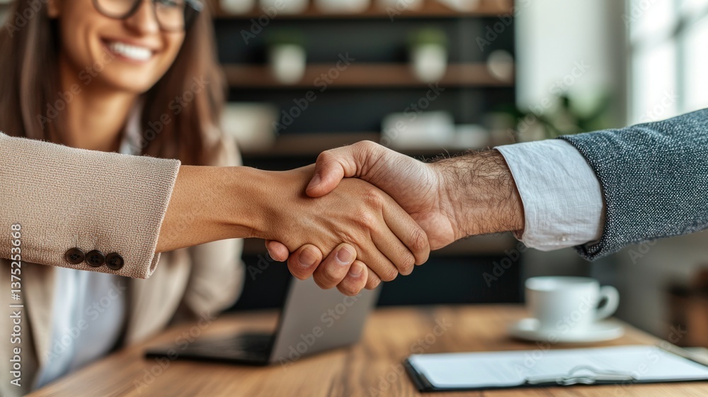 Naklejka premium A smiling businesswoman and businessman confidently shake hands sealing a deal in an office setting.