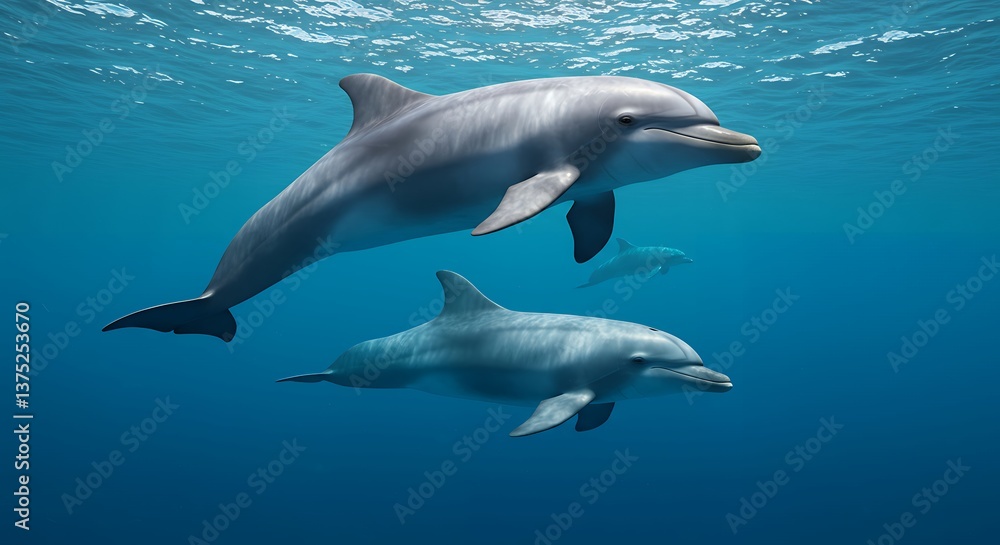 Fototapeta premium Dolphin Pod Swimming Gracefully Underwater in Deep Blue Ocean Water