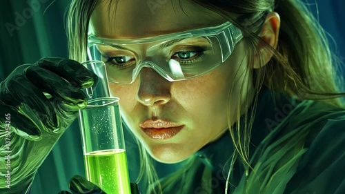 Unveiling Scientific Discovery: A focused scientist in a lab environment meticulously analyzes a vibrant liquid in a test tube, with a strong emphasis on scientific precision, intellectual curiosity.