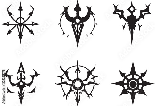 Set of decorative gothic and mystical elements, ornaments, symbols. Hand drawn vector illustration