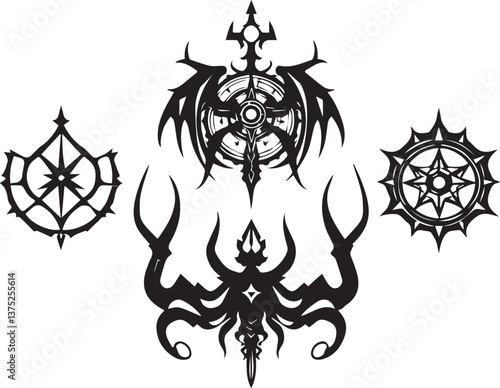 Set of decorative gothic and mystical elements, ornaments, symbols. Hand drawn vector illustration