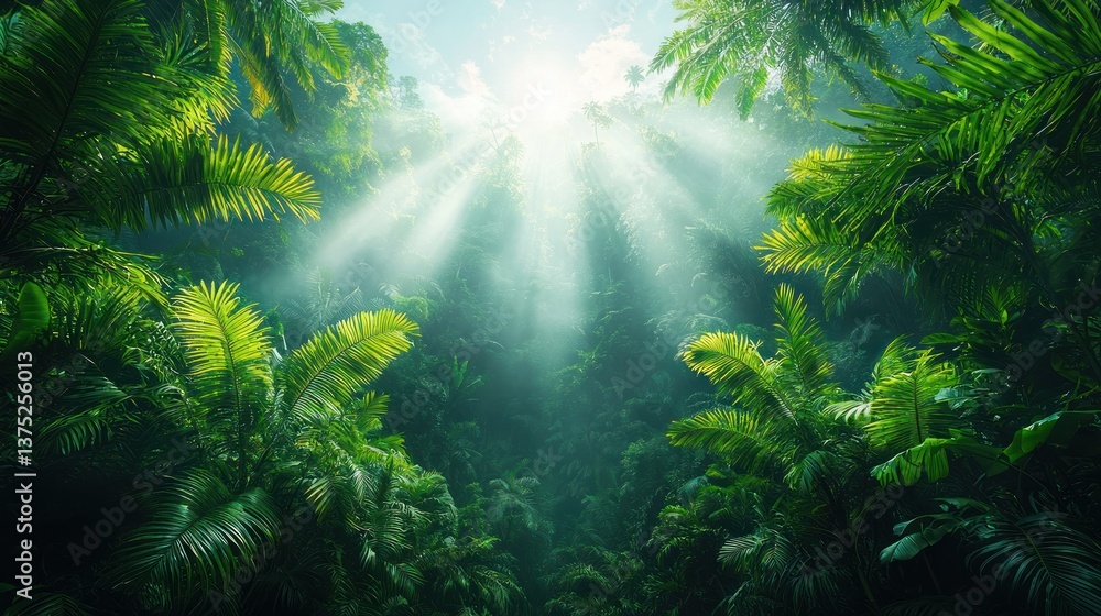 Lush Tropical Rainforest: Sunbeams Through Canopy Lush Tropical Rainforest: Sunbeams Through Canopy