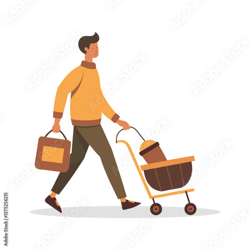Vector illustration of a young man walking with a trolley and a bag in his hand, flat style