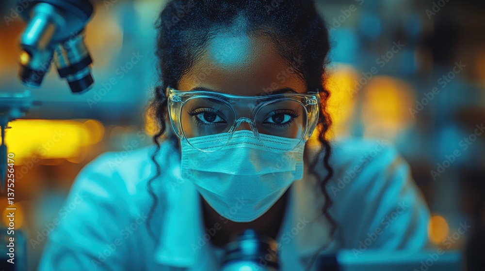 Focused female scientist examines sample through a microscope in a brightly lit laboratory wearing safety glasses and a mask Focused female scientist examines sample through a microscope in a brightly lit laboratory wearing safety glasses and a mask