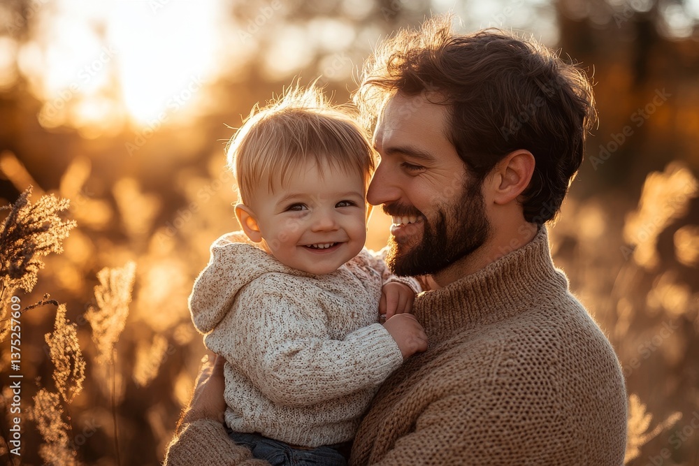 Obraz premium father holding son smiling in a field with golden light, Generative AI