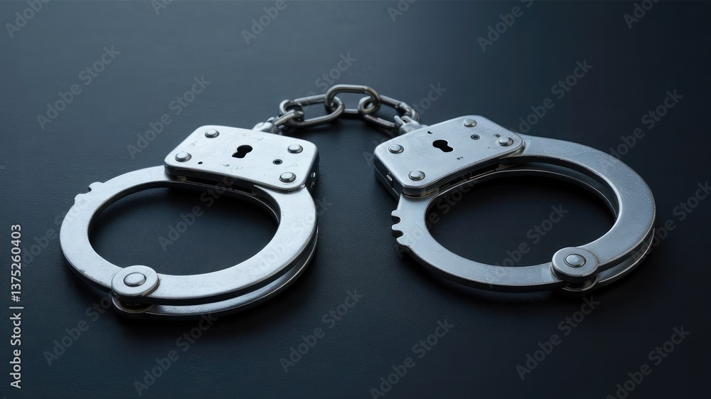 Handcuffs and keys on a table symbolizing arrest and justice Handcuffs and keys on a table symbolizing arrest and justice