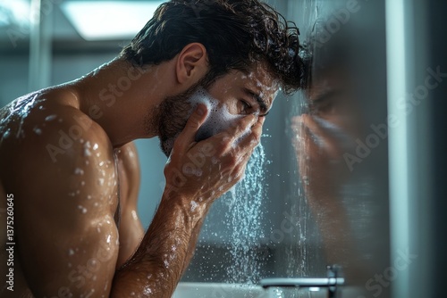 Man with bare torso washing face in sink at bathroom, side view shot. Morning hygiene concept, Generative AI