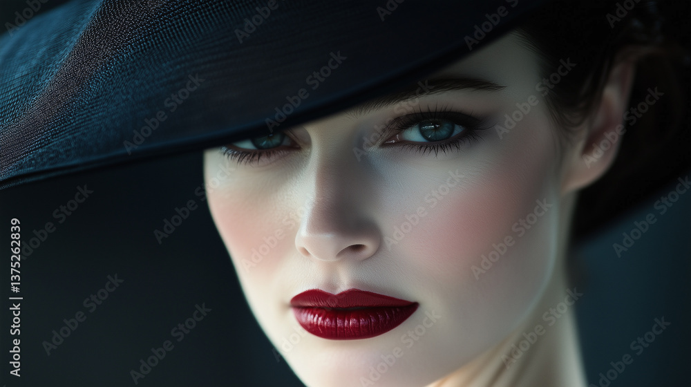 custom made wallpaper toronto digitalA high-definition close-up of a mysterious woman with captivating eyes, her face partially veiled in darkness beneath a sophisticated black hat