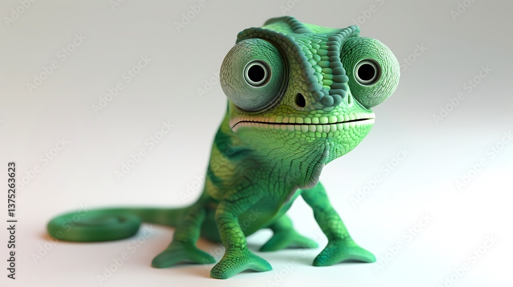 Fototapeta premium Adorable Cartoon Chameleon Posing Cutely Green Reptile Character Illustration Digital Art