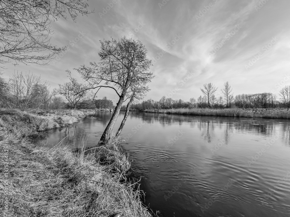 The Warta River and its tributaries, early spring, Poland.