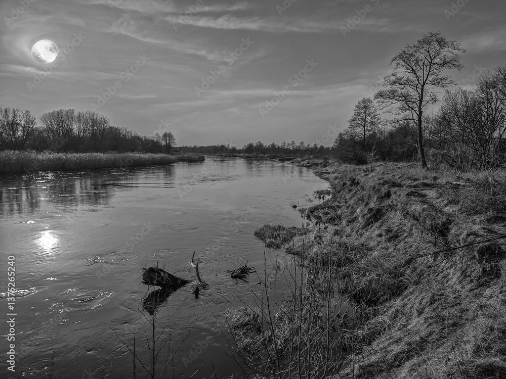 The Warta River and its tributaries, early spring, Poland.
