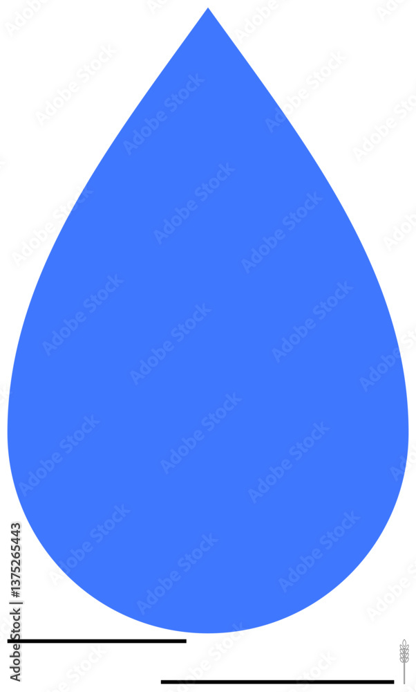 Large blue droplet dominates composition with sleek black horizontal lines below. Ideal for water conservation, purity, minimalism, sustainability, environment, freshness, simplicity. Flat simple Large blue droplet dominates composition with sleek black horizontal lines below. Ideal for water conservation, purity, minimalism, sustainability, environment, freshness, simplicity. Flat simple
