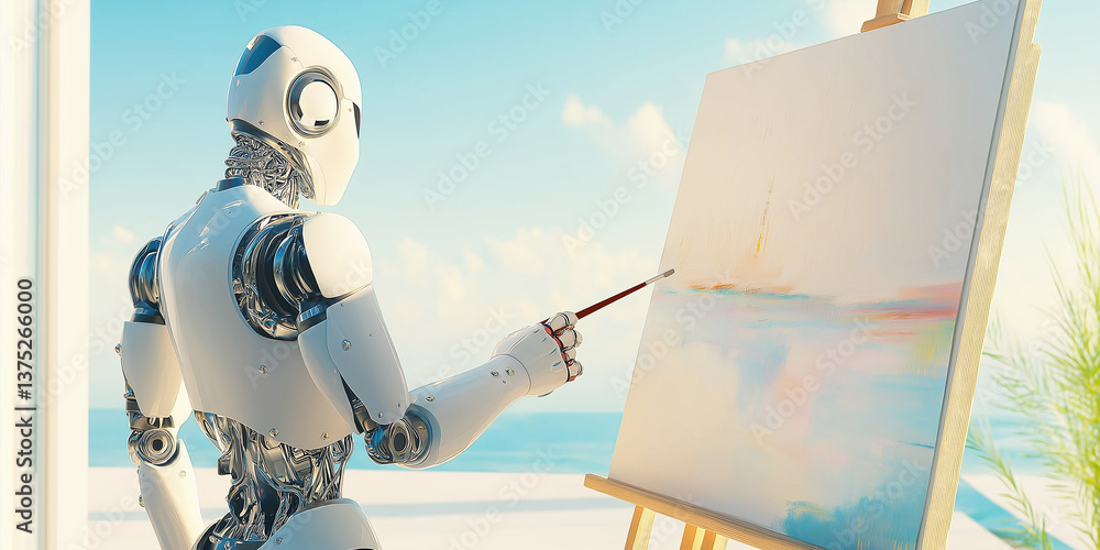 Naklejka premium Modern Art Studio: Robot Creating Masterpiece with Soft Lighting