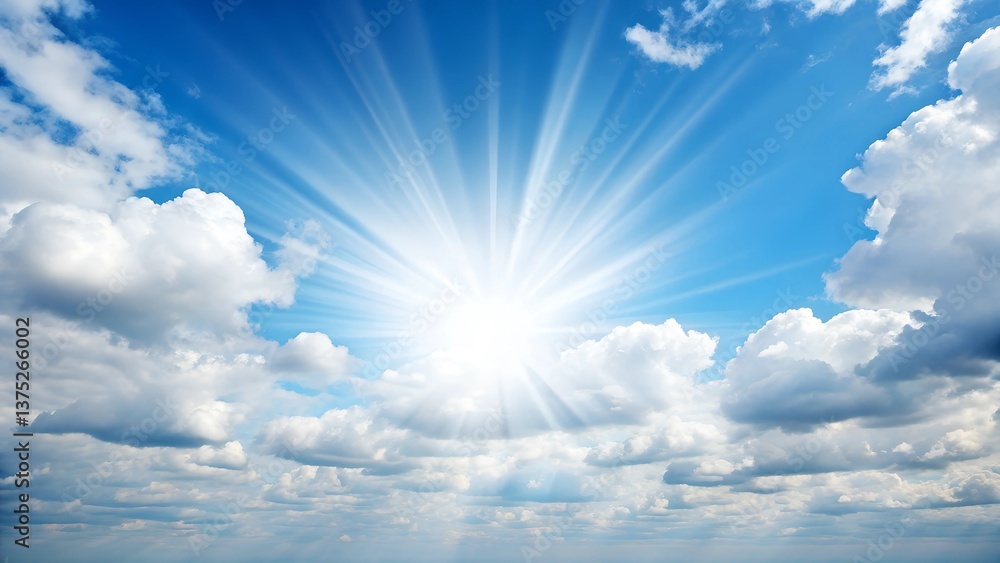 Heavenly sky, bright sunburst, fluffy white clouds with sunshine Peaceful natural background Heavenly sky, bright sunburst, fluffy white clouds with sunshine Peaceful natural background