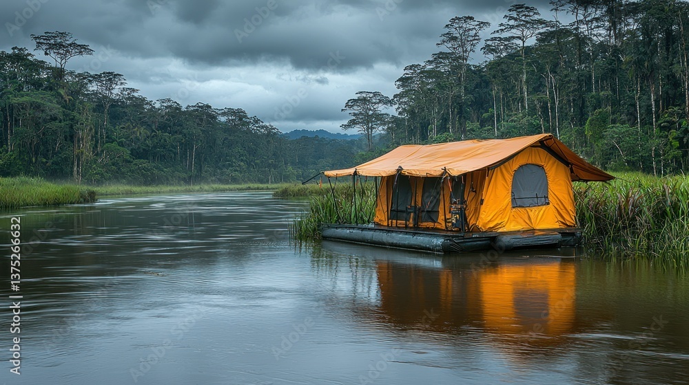 Naklejka premium Serene Floating Tent on a Tranquil River in a Lush Rainforest