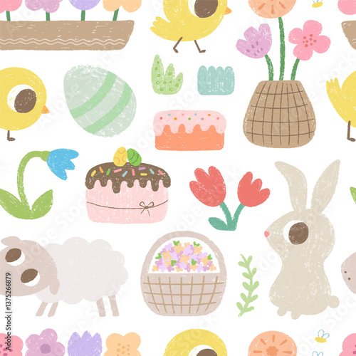 Easter seamless pattern with bunny, egg, cake, sheep, chik, flowers