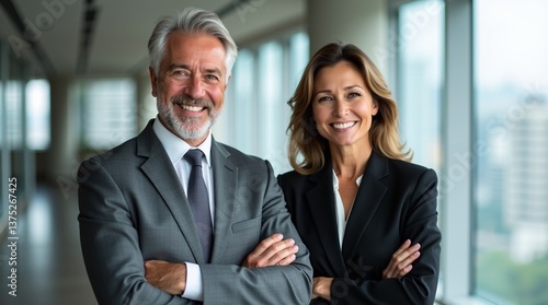 Two happy executive managers, mature business man and woman leaders, successful partners professional team in their 50s standing arms crossed in office at work looking at camera. Corporate portrait.