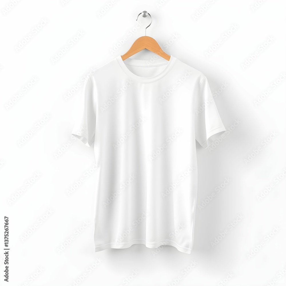 White t-shirt, wooden hanger, minimalist, clean background, simple design, casual wear, wardrobe essential, plain clothing, fabric texture, fashion photography, soft lighting White t-shirt, wooden hanger, minimalist, clean background, simple design, casual wear, wardrobe essential, plain clothing, fabric texture, fashion photography, soft lighting