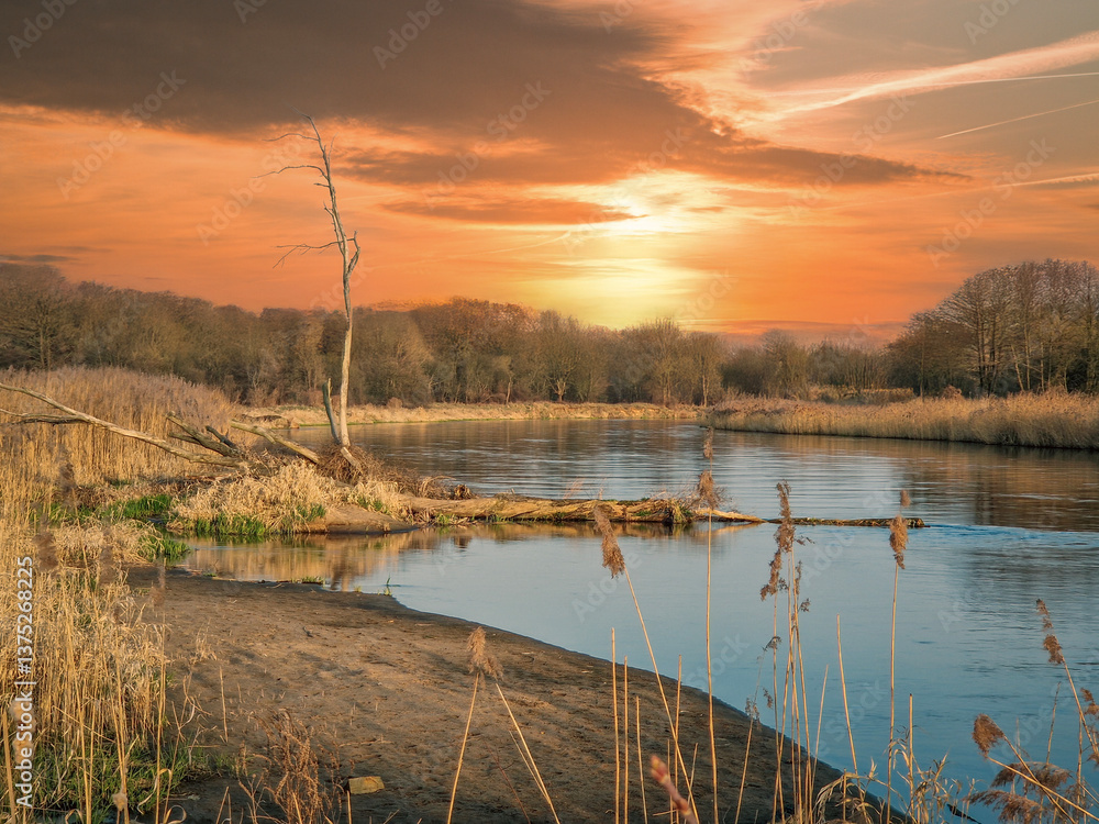 The Warta River and its tributaries, early spring, Poland.