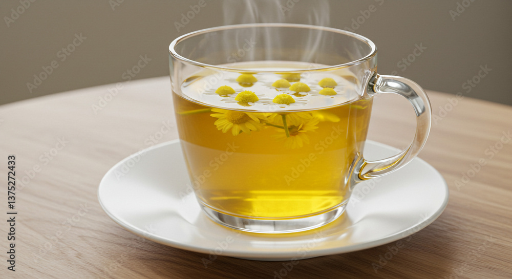 A warm cup of chamomile tea, gently steaming, with visible chamomile flowers floating in the golden liquid, resting on a simple white saucer. A warm cup of chamomile tea, gently steaming, with visible chamomile flowers floating in the golden liquid, resting on a simple white saucer.