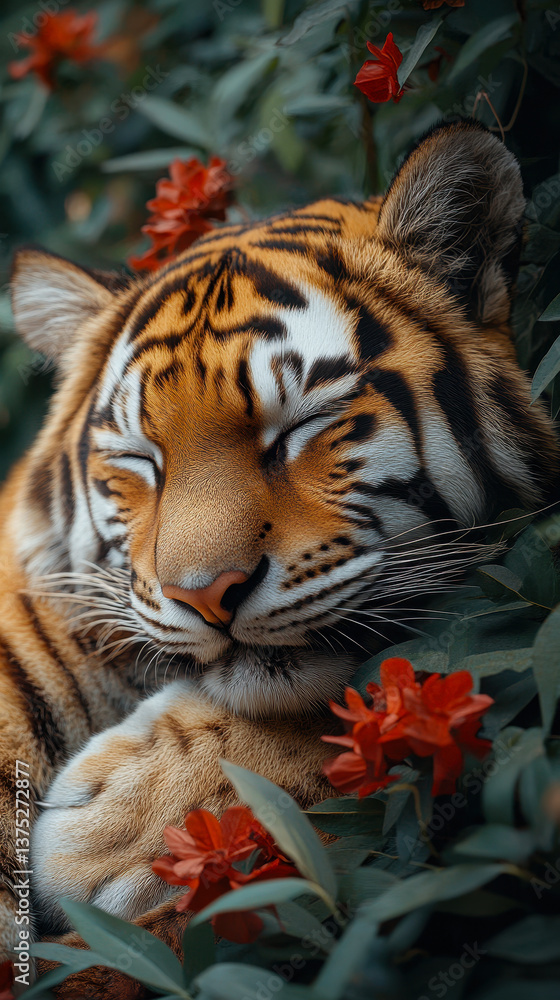 Obraz premium Majestic Tiger Resting Among Vibrant Flowers in Natural Habitat