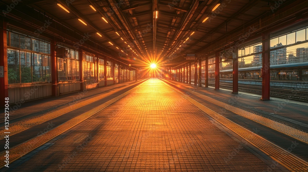 Naklejka premium Sunrise at the Train Station Platform: Golden Hour Rays Illuminating the Railway