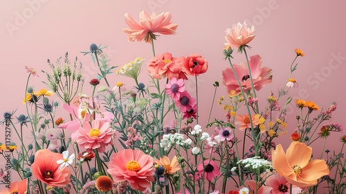 Vibrant Spring Meadow Flowers Blooming Pastel Pink Background Stunning Floral Arrangement