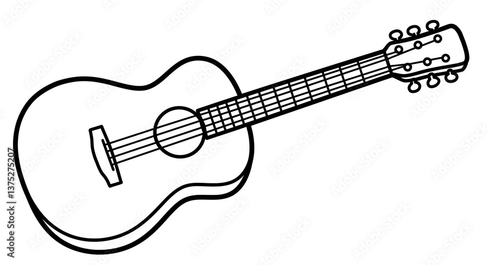 A simple line drawing of an acoustic guitar, ready to be played, a symbol of music and joy, in a clean black and white style. A simple line drawing of an acoustic guitar, ready to be played, a symbol of music and joy, in a clean black and white style.