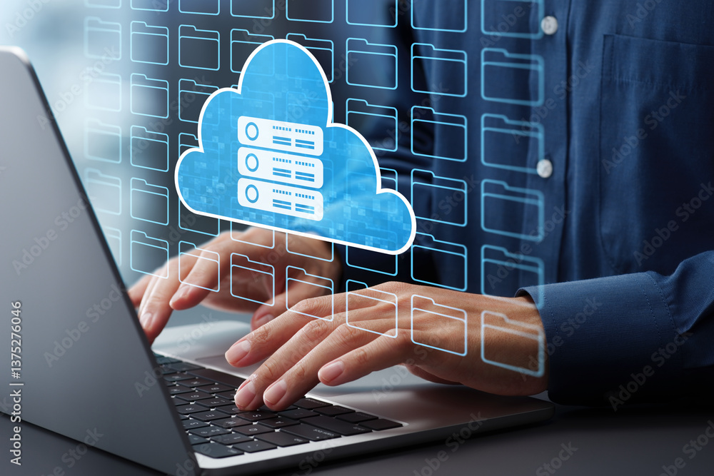 Cloud storage and computing. Accessing folders in data server. Data management system. Businessman typing on laptop computer keyboard at desk in office.