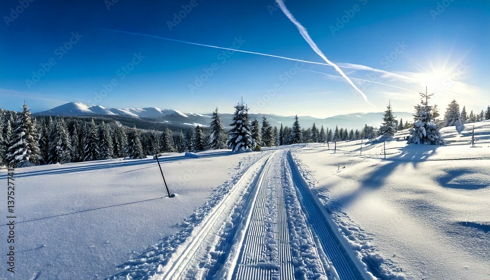 Cross-country ski run on a winter landscape in the morning, wasserkuppe mountain, rhon mount. Cross-country ski run on a winter landscape in the morning, wasserkuppe mountain, rhon mount.