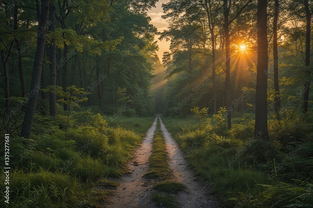 Obraz premium Serene Overgrown Trail in Thick Forest at Dawn