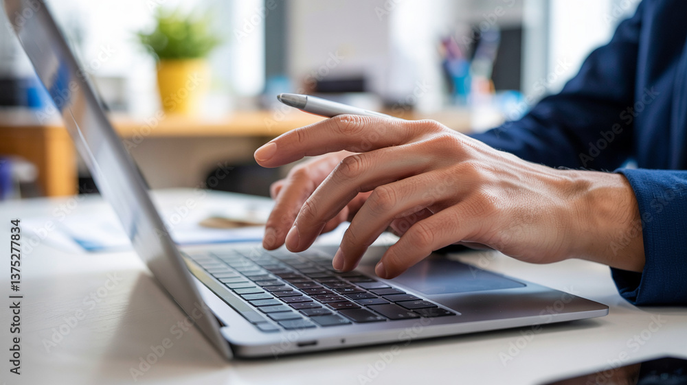 Person typing on a laptop in a modern workspace during daytime showcasing focus and productivity Person typing on a laptop in a modern workspace during daytime showcasing focus and productivity