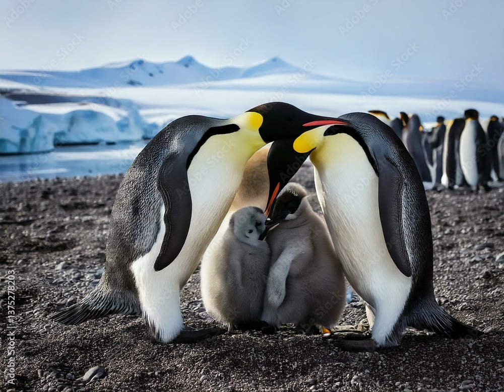 Obraz premium Emperor penguins (Aptenodytes forsteri), adult animal feeds chicks, penguin colony, Snow Hil
