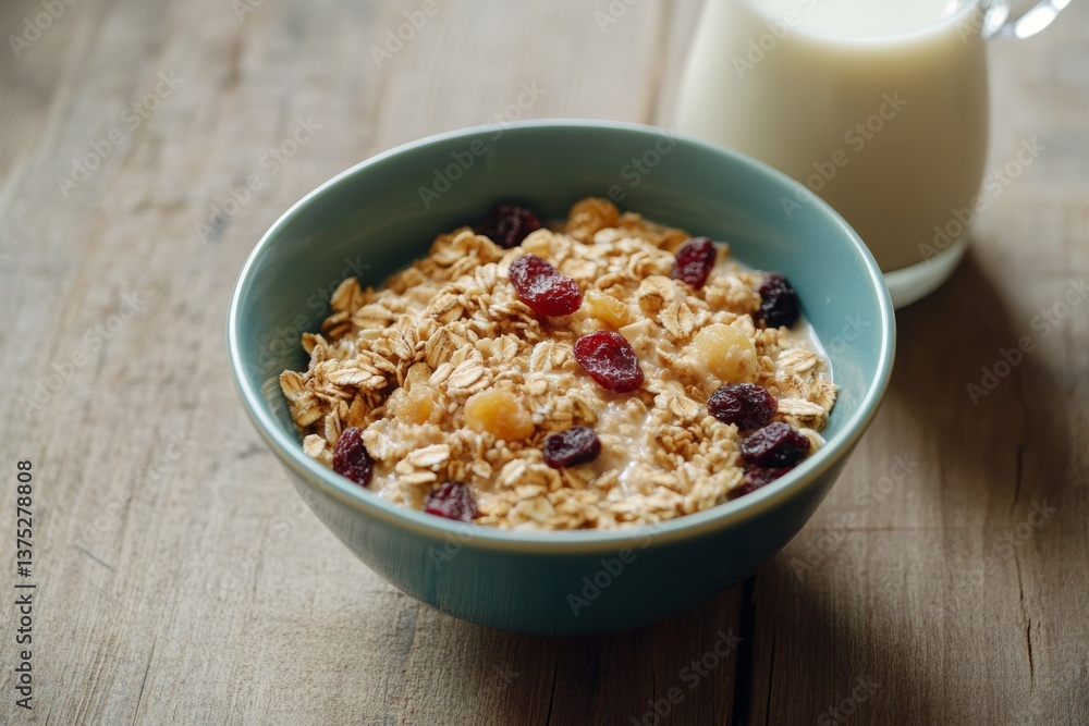 Close Up Flat Lay of Bowl of Muesli with Dried Fruits and Carafe of Milk on Wooden Table for a Fresh Morning Breakfast Close Up Flat Lay of Bowl of Muesli with Dried Fruits and Carafe of Milk on Wooden Table for a Fresh Morning Breakfast