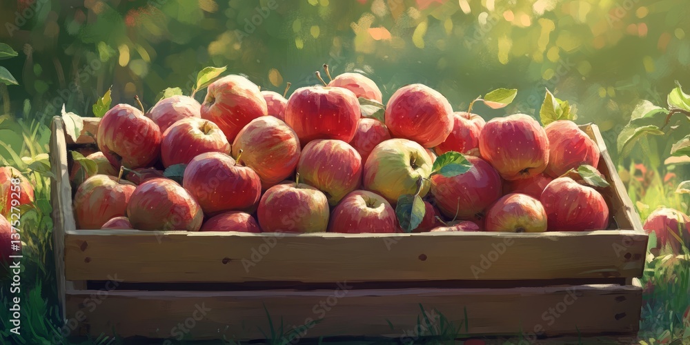 Close-up photograph of a wooden box brimming with fresh apples in a natural sunlit orchard background Close-up photograph of a wooden box brimming with fresh apples in a natural sunlit orchard background