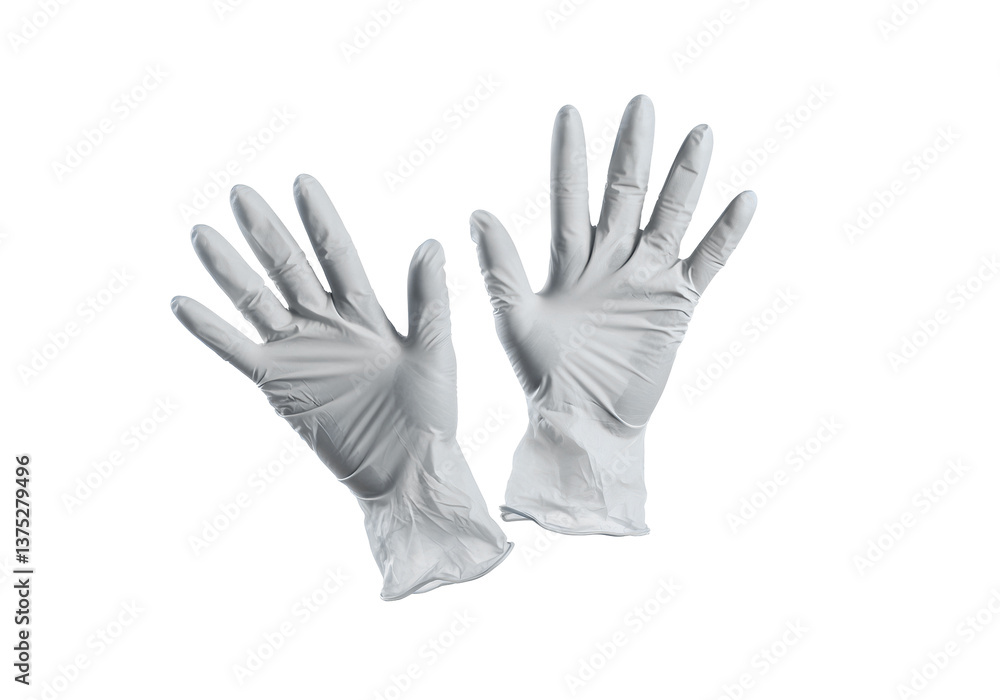 Obraz premium A floating pair of white latex gloves partially stretched, isolated on a solid white background.