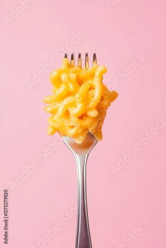 Close up view of delicious mac and cheese on a silver fork against pastel pink background